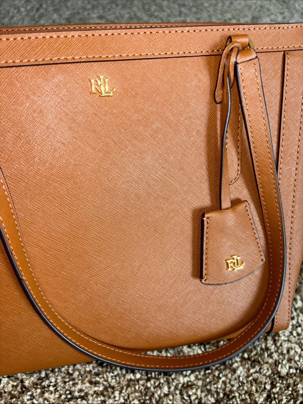 Ralph Lauren Cognac Brown Leather Tote with Gold RL Accent —-LIKE NEW—
